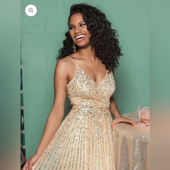 Beige Sequined Sleeveless Wrap Over A Line Gown - Picture 5 of 6